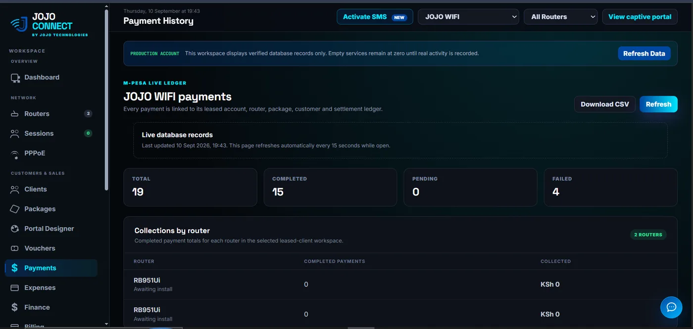 JOJO CONNECT payments view